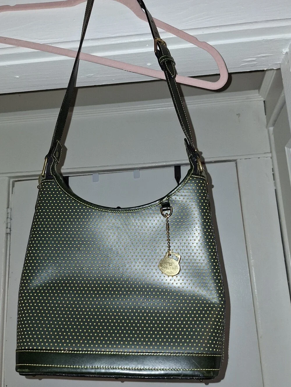 Dooney & Bourke Olive Green Polka Dot Shoulder Bag with Gold Charm
